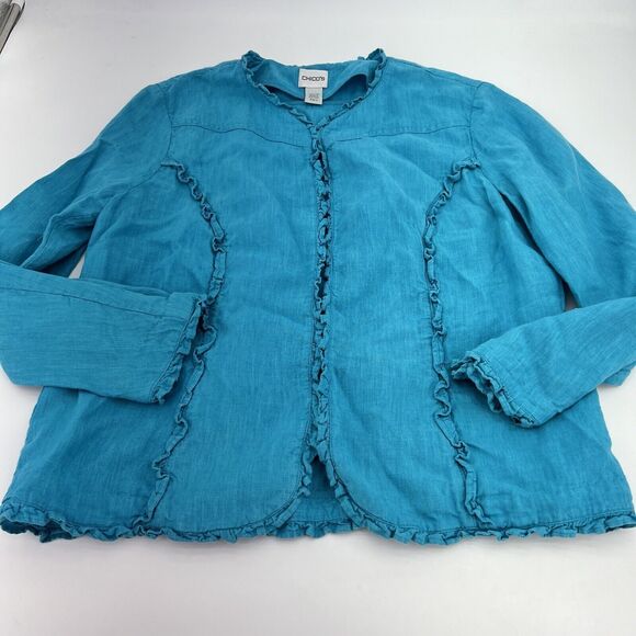 Chicos 2/Large Linen Ruffle Jacket Large Turquoise Blue Open Front - Picture 1 of 3